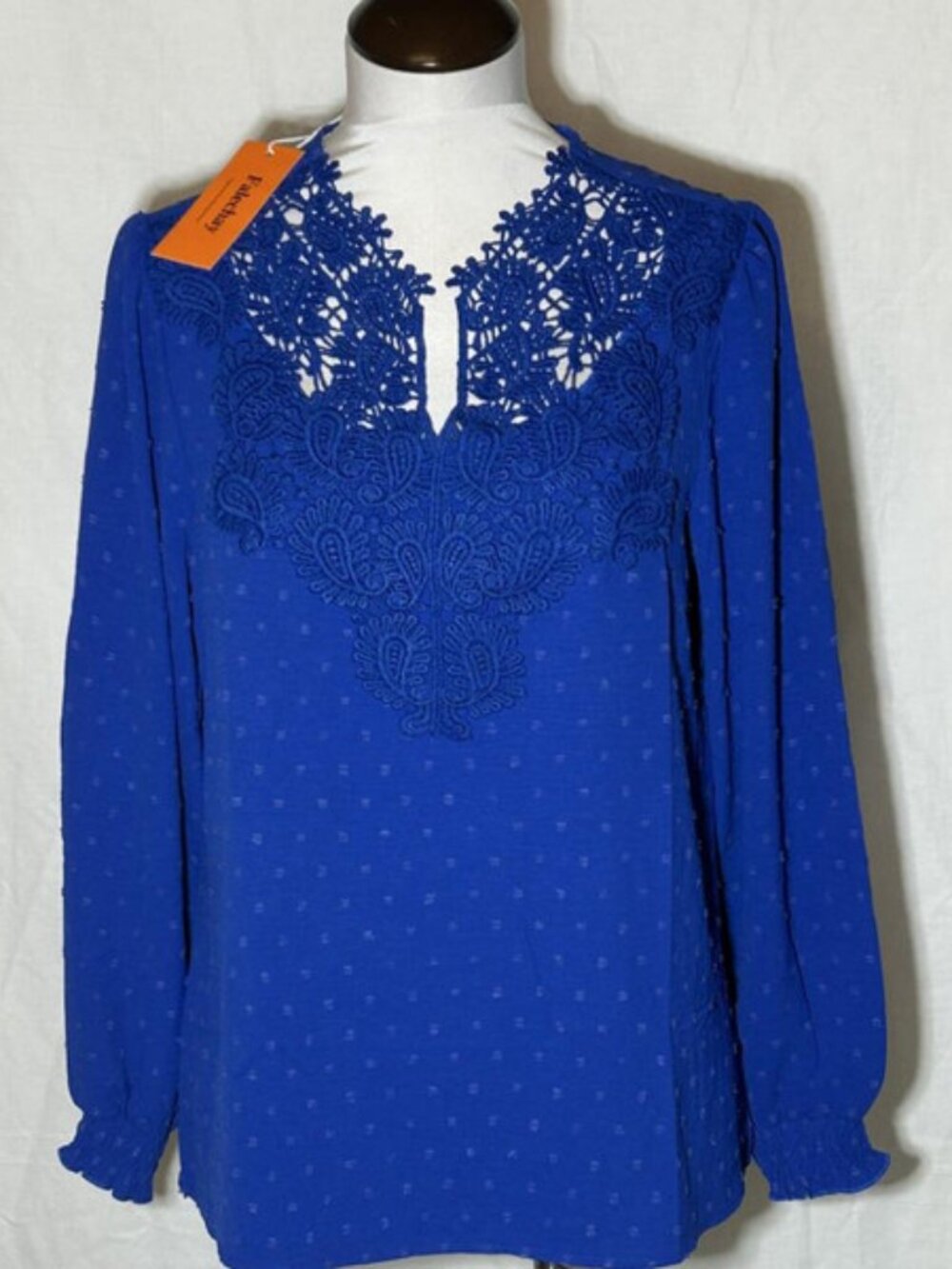 NEW Falechay Blouse Top Dark Blue Lace Upper Swiss Dot Sz Medium